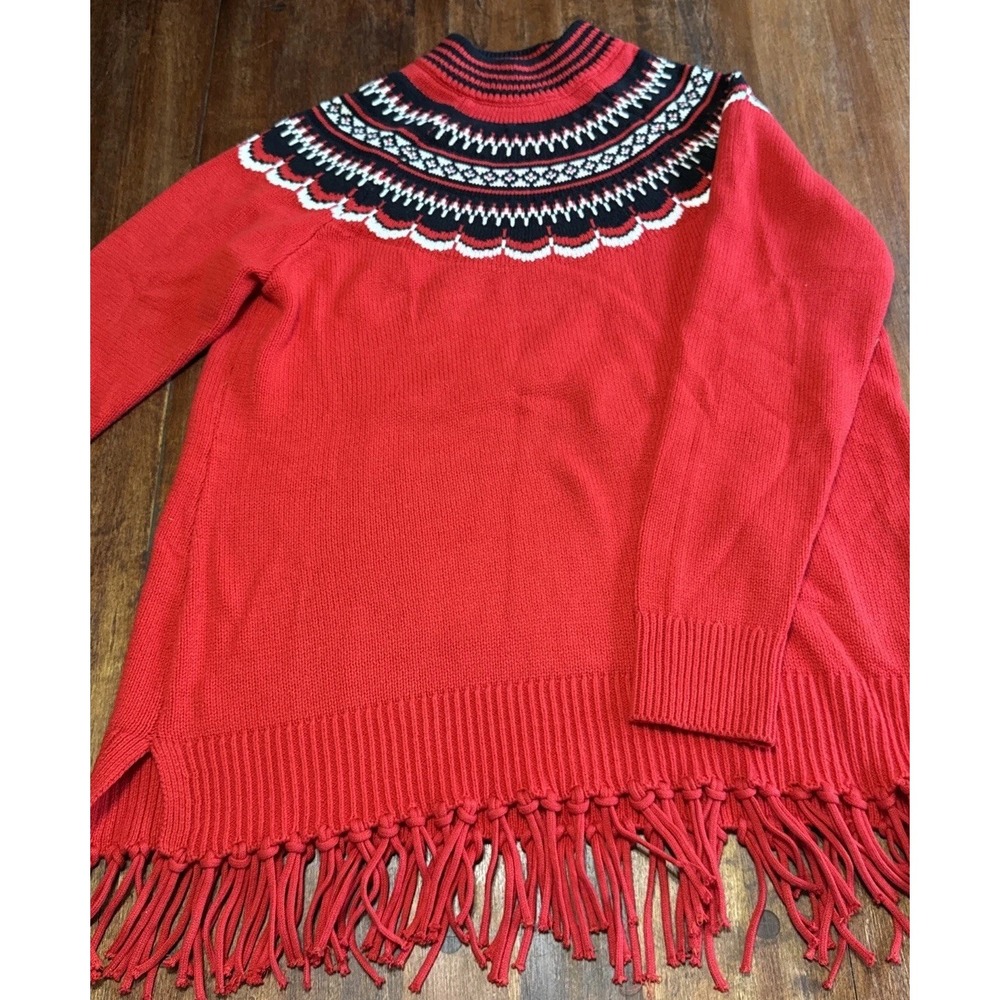 Isaac Mizrahi‎ Live Fringe Sweater Fair Isle Mock Neck Cotton Blend Red Medium